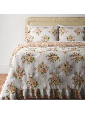 3pc Printed Floral Double Ruffle Comforter Bedding Set